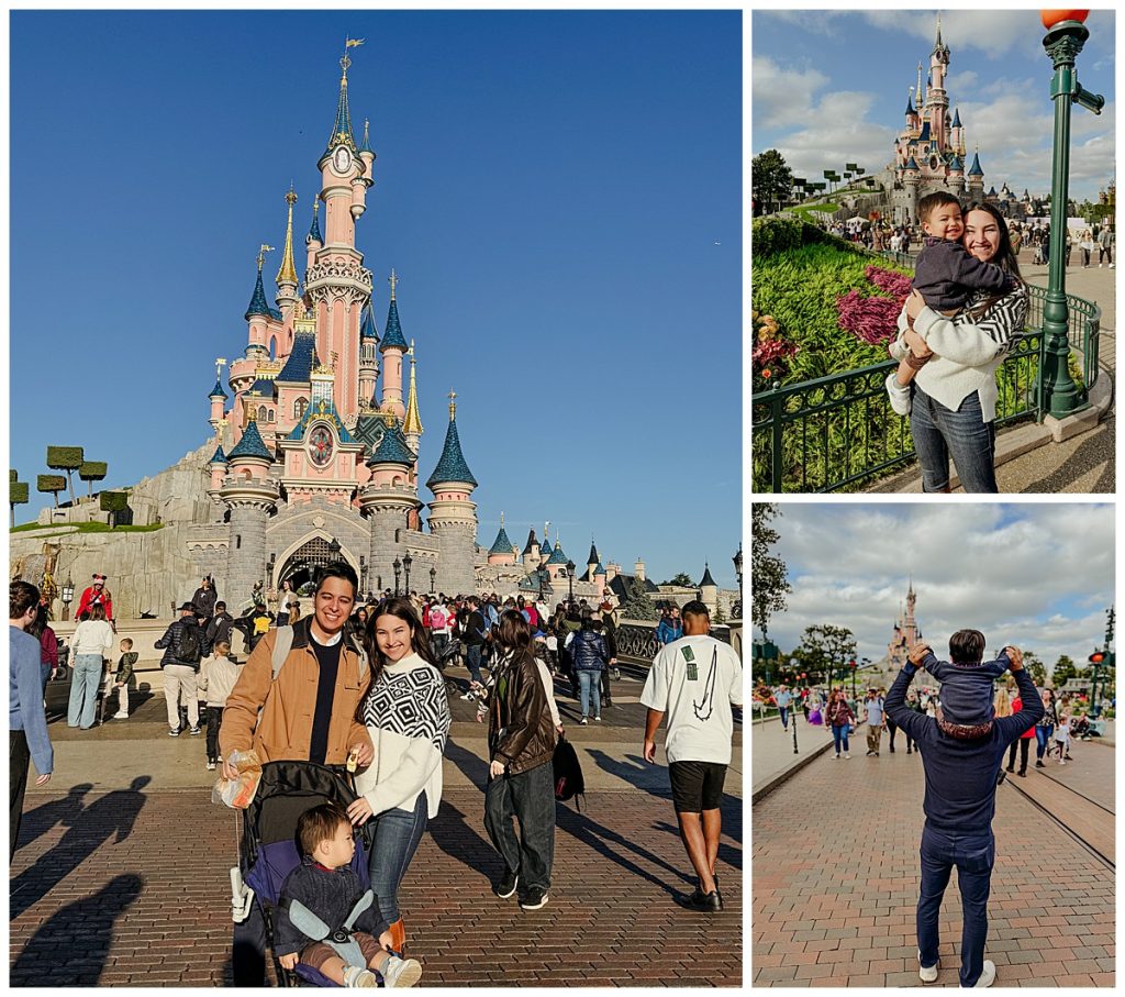 A family enjoying their day at Disneyland Paris in front of the iconic Sleeping Beauty Castle. The photo captures a sunny day, showcasing a couple with their child in a stroller and the magical atmosphere of the park. The mother holds her smiling toddler, while the father carries the child on his shoulders, walking down Main Street towards the castle