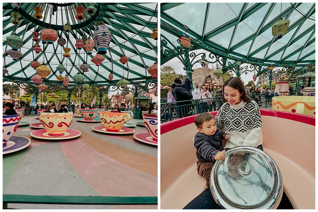 Mother and child enjoying the vibrant Mad Hatter's Teacup Ride at Disneyland Paris, surrounded by colorful lanterns and whimsical teacups